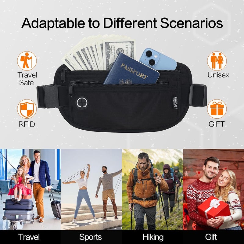 Arouselove Slim RFID Blocking Money Belt for Travel - Anti-Theft Hidden Passport Holder Waist Wallet with Secure Pouch for Cash, Credit Cards & Phone Safe (Black) - Image 4